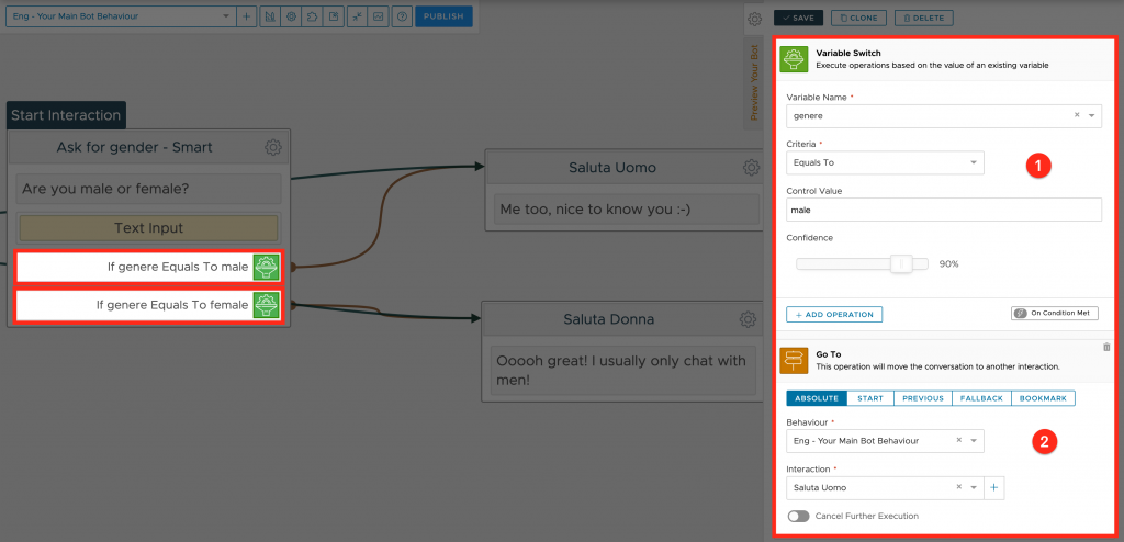 chatbot variables switch actions